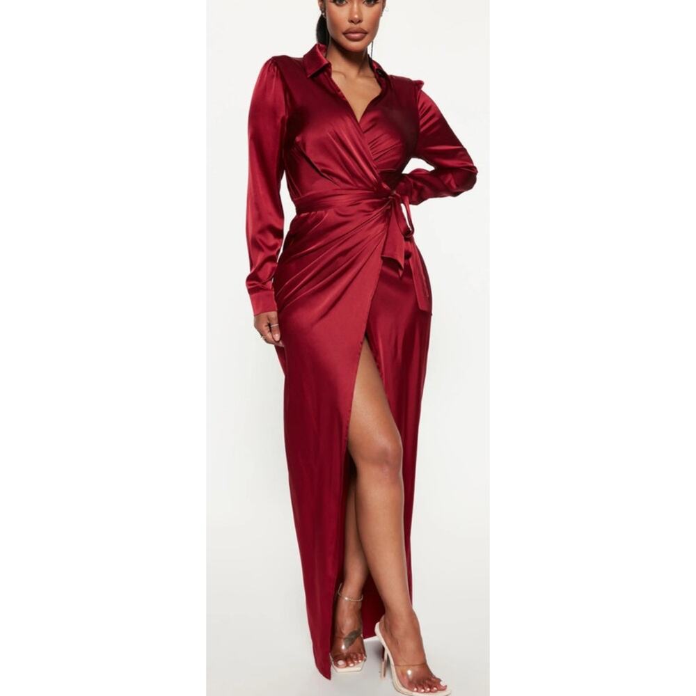 Nova Luxe 1X Bordeaux Long Sleeve Formal Maxi Dress